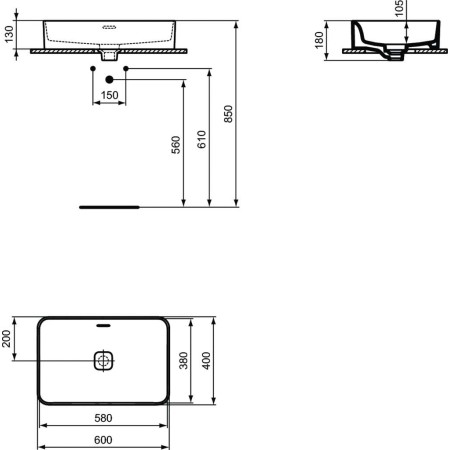 Ideal Standard Strada II 60 см за монтаж върху плот, без отвор за смесител