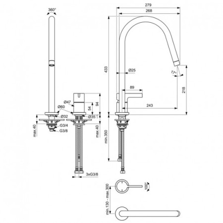Ideal Standard Gusto 2-дупков смесител за кухня с висок тръбен чучур