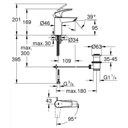 Grohe Eurosmart, смесител за умивалник, S размер с изпразнител, черен мат