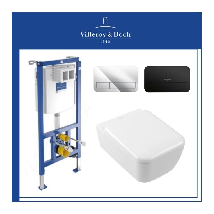 Пакет Villeroy & Boch с черен мат бутон и WC Skyla  бял гланц