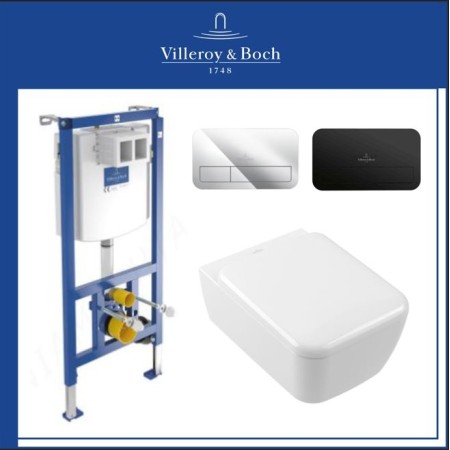 Пакет Villeroy & Boch с черен мат бутон и WC Skyla  бял гланц