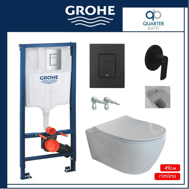 Пакет  Grohe с черен мат бутон и Quarter Bath Deep, тънък капак и биде, бял гланц grohe_quarter_bath_deep_black