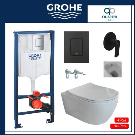 Пакет  Grohe с черен мат бутон и Quarter Bath Deep, тънък капак и биде, бял гланц