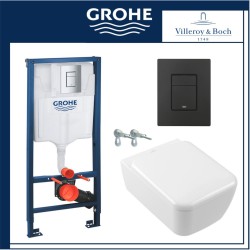 Пакет Villeroy & Boch Skyla квадратна, структура Grohe с черен мат бутон set4682CL01+grohe
