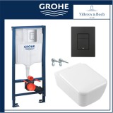 Пакет Villeroy & Boch Skyla квадратна, структура Grohe с черен мат бутон 9 set4682CL01+grohe