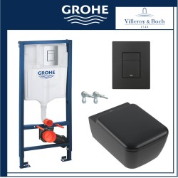 Пакет Villeroy & Boch Skyla квадратна, черен мат структура Grohe с черен мат бутон set4682CLR7+grohe