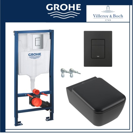 Пакет Villeroy & Boch Skyla квадратна, черен мат структура Grohe с черен мат бутон