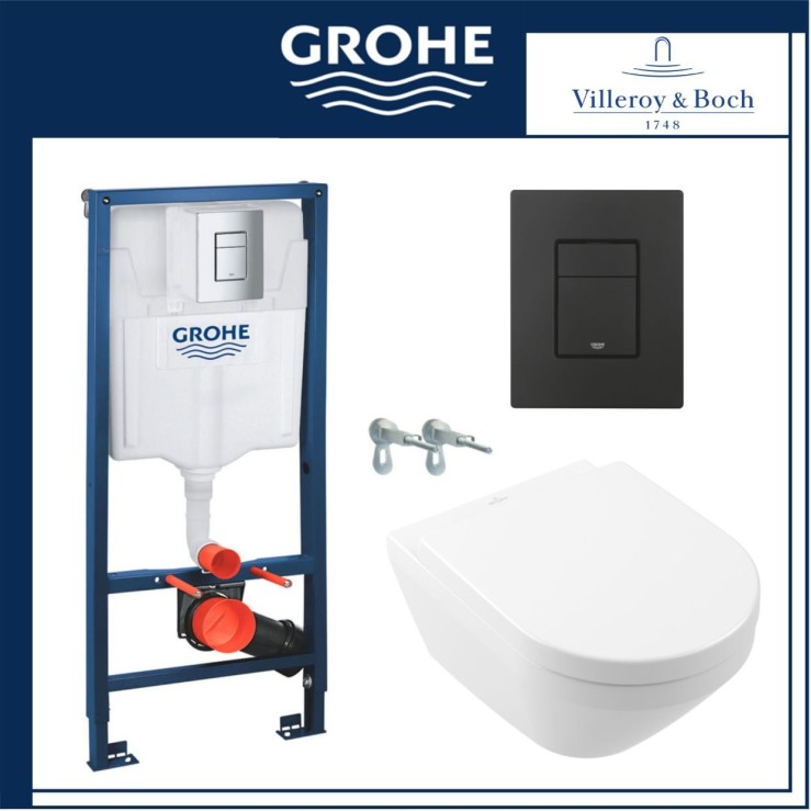 Промо пакет Grohe, черен мат бутон + V&B Architectura TwistFlush, овална  конзолна WC вортекс 38772001+4694CL01