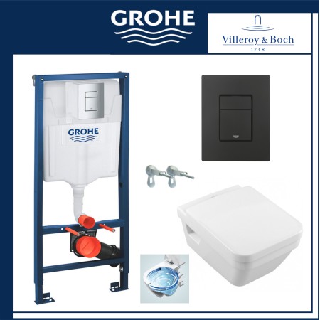 Промо пакет Grohe, черен мат бутон + V&B Architectura TwistFlush, квадратна конзолна WC вортекс